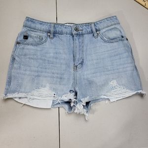 Kancan Women's Light Wash Distressed and Frayed Estilo Denim Shorts